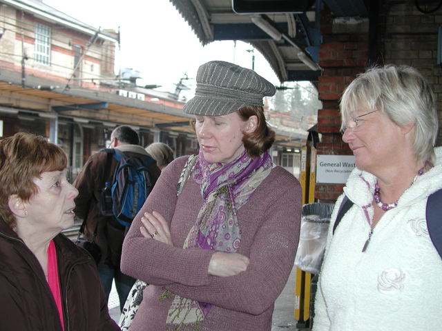 Marylyn Garner, Linda Page and Cherry Quinnell waiting at Ipswich railway station to catch the Norwich bound train
