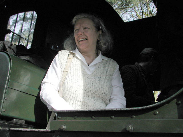 Chris Fisher enjoying her time on the footplate of steam engine 5619
