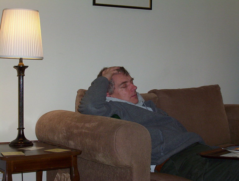 John falls asleep after a meal of spaghetti bolognese having driven us about 100 miles round the Isle of Skye 
