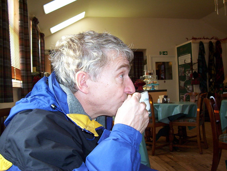 John enjoying his cup of tea, Lochcarron Weavers
