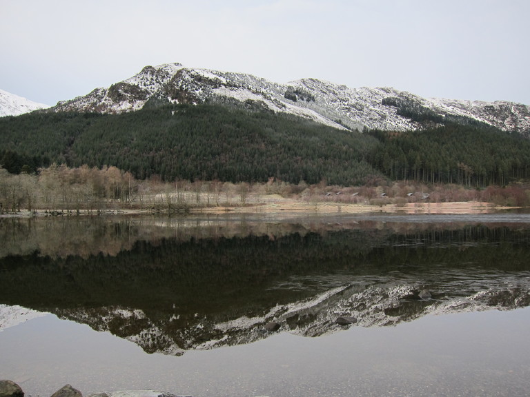 Loch Lubnaig with a reflection of snow covered hills
