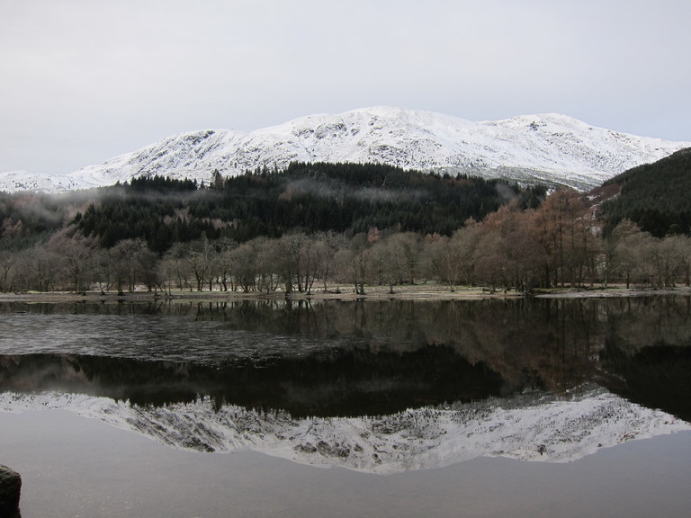 Loch Lubnaig with a reflection of snow covered hills
