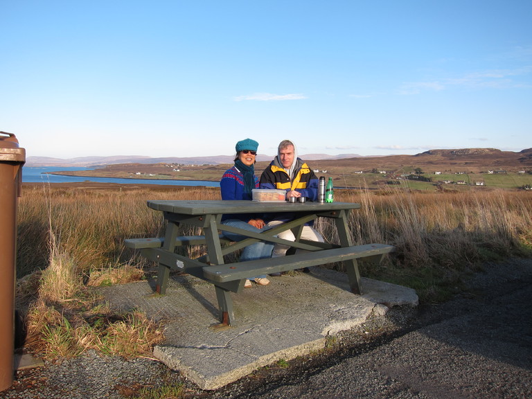 Having a picnic on the outskirts of Edinbane, Isle of Skye. The temperature was 4 degrees Celsius.  
