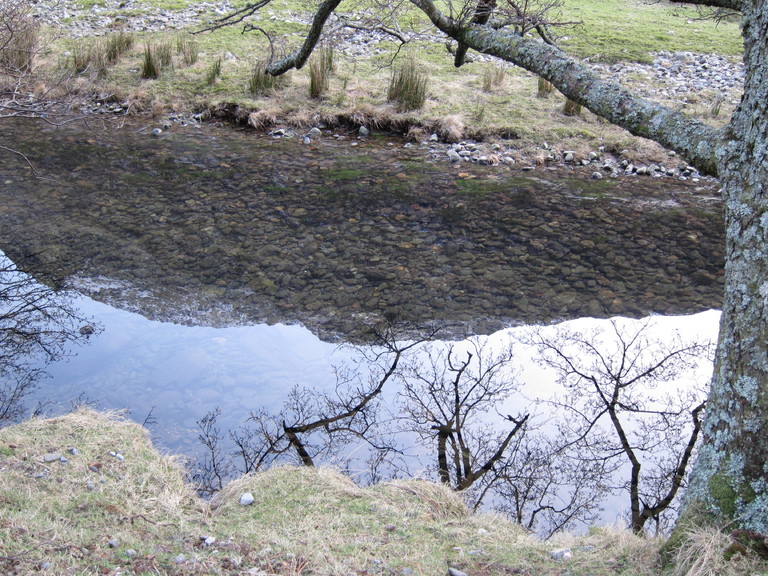 Reflections of hills and trees on the river
